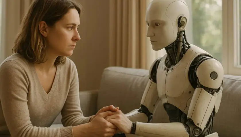 Kobieta i robot siedzą obok siebie, trzymając się za ręce. To obraz tego, jak nas widzi sztuczna inteligencja, pełen empatii i zrozumienia.