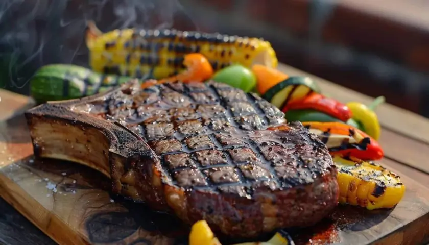 Un succulent côte de bœuf barbecue, grillé à la perfection, servi avec des légumes colorés et du maïs grillé.