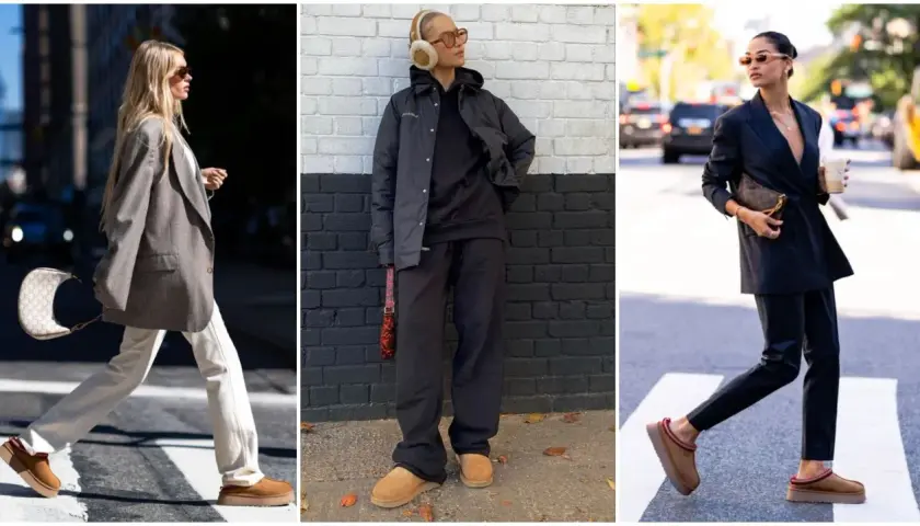 Trois femmes montrent comment s'habiller avec des Ugg : en blazer chic, en tenue décontractée ou en costume élégant.