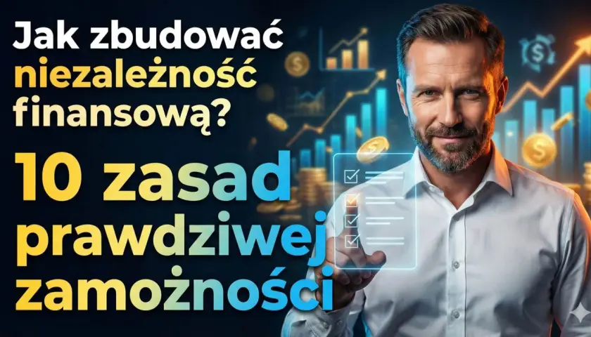 Mężczyzna z listą zadań w tle wykresów i monet. Jak zbudować niezależność finansową? 10 zasad prawdziwej zamożności.