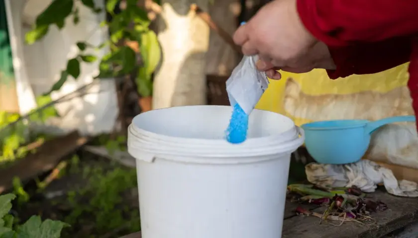 Une main verse une poudre bleue dans un seau blanc. C'est la préparation de la bouillie bordelaise pour protéger les plantes.