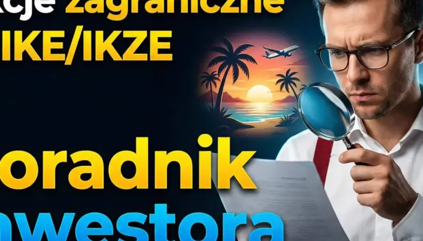 Doradca inwestora analizuje dokumenty, rozważając likwidację IKZE przed terminem. W tle tropikalna plaża i samolot.