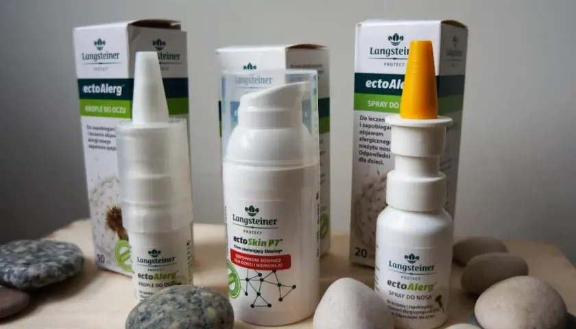 Produkty Langsteiner ectoAlerg i ectoSkin P7 z ektoiną – krople do oczu, spray do nosa i krem. Pomagają łagodzić objawy alergii.