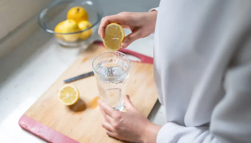 Eine Hand presst eine Zitronenhälfte über ein Glas Wasser. So beginnt der Tag mit erfrischendem Zitronenwasser.