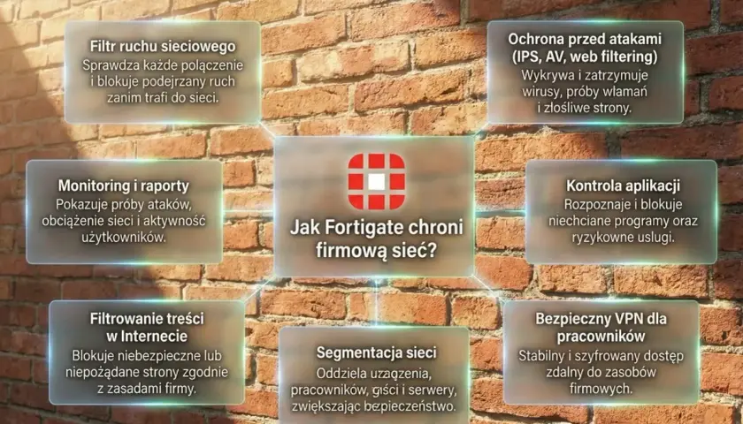 Diagram przedstawia funkcje Fortigate jako firewall: ochrona przed atakami, kontrola aplikacji, VPN, filtrowanie treści, segmentacja sieci, monitoring i raporty, filtr ruchu sieciowego.