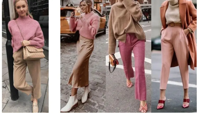 Stylizacje w odcieniach różu i beżu, inspirowane **kolorami ziemi**. Miękkie swetry, satynowe spódnice i eleganckie spodnie tworzą przytulny, jesienny look.