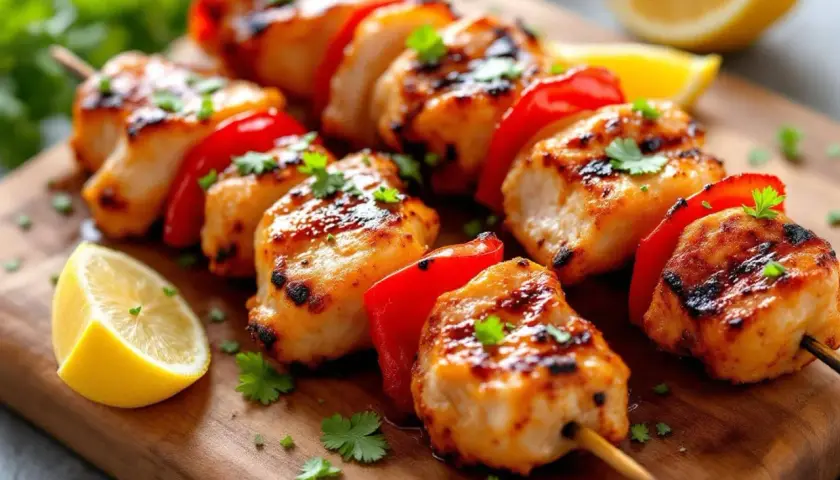 Brochettes de poulet grillées, juteuses et savoureuses, avec des morceaux de poivron rouge, garnies de coriandre fraîche et de quartiers de citron. La marinade brochette poulet a donné un goût exquis.