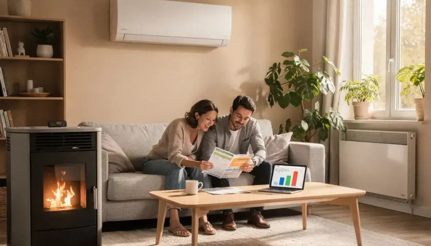 Un couple examine des factures près d'un poêle à granulés, symbole d'un chauffage économique et écologique.