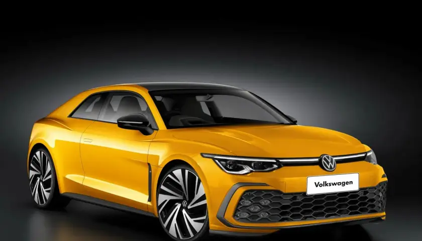 Żółty Volkswagen Corrado z czarnym dachem i felgami, prezentujący sportowy design.