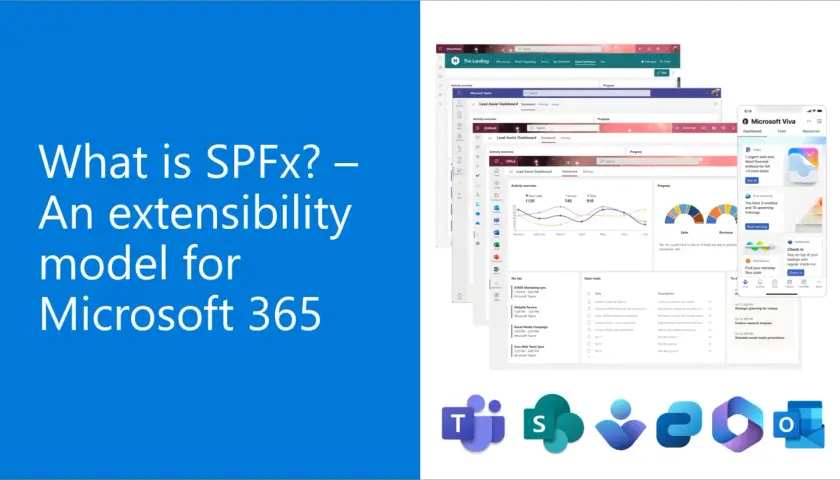 Le **sharepoint framework** (SPFx) est un modèle d'extensibilité pour Microsoft 365, illustré par des tableaux de bord et des applications.