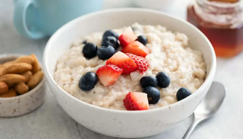 Haferbrei mit Beeren und Nüssen. Bei Darmentzündung was essen? Leichte Kost wie dieser Brei ist gut verträglich.