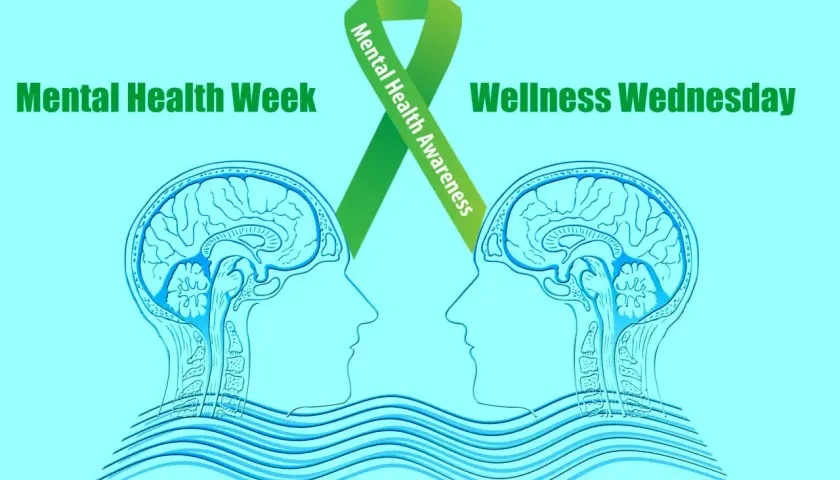 El lazo verde, símbolo del significado de la salud mental, une dos perfiles de cerebros en un fondo azul claro, con texto "Mental Health Week" y "Wellness Wednesday".