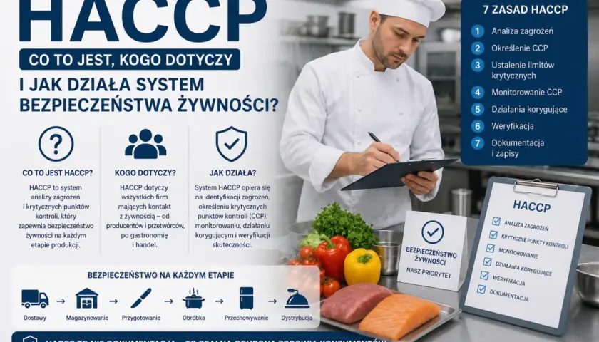 Szef kuchni notuje szczegóły systemu HACCP, kluczowego dla bezpieczeństwa żywności. Grafika wyjaśnia zasady i etapy jego wdrażania.