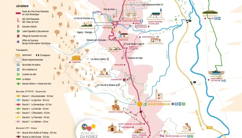 Carte de la route des vins en Loire Volcanique, avec des domaines viticoles, villages et boucles VTT/vélo.