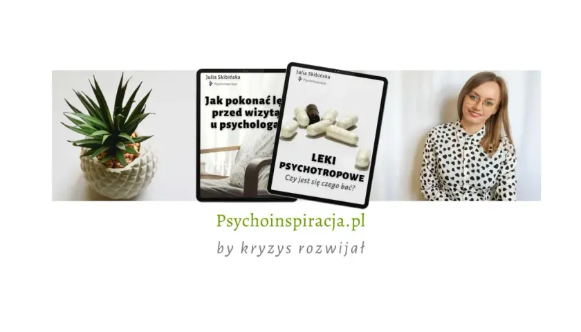 Książki o stresie i lęku: "Jak pokonać lęk przed wizytą u psychologa" i "Leki psychotropowe". Obok młoda kobieta i roślina.