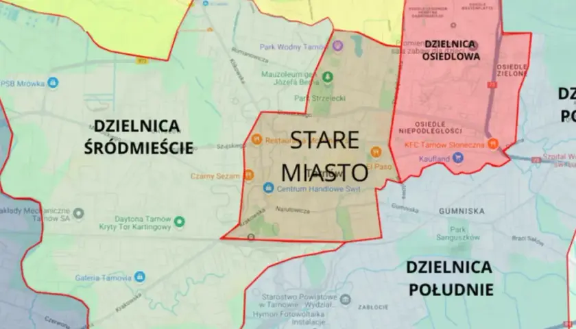 Mapa administracyjna Tarnowa, pokazująca dzielnice: Śródmieście, Osiedlowa i Południe. Tarnów jakie województwo?