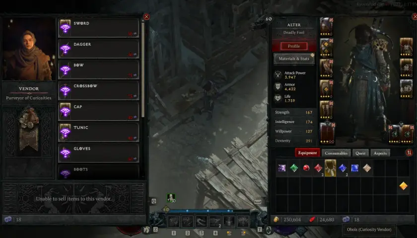 Interfejs Diablo 4: sprzedawca oferuje przedmioty, a gracz przegląda swoje statystyki i ekwipunek, szukając najlepszych aspektów.