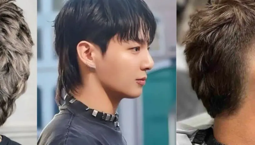 Tres hombres con estilos de cabello modernos. El del medio luce un corte mullet hombre con cabello oscuro y flequillo.