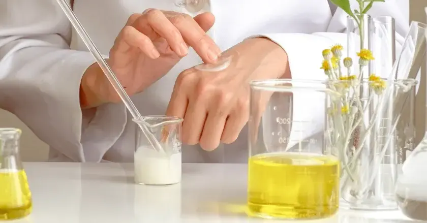 Manos de científico aplicando crema, con probetas y plantas. El cetearyl alcohol es clave en esta formulación.