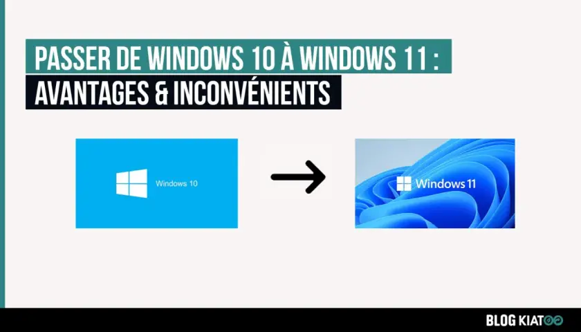 Passer de Windows 10 à Windows 11 : avantages et inconvénients. L'image montre le logo de Windows 10 à gauche et celui de Windows 11 à droite, séparés par une flèche.