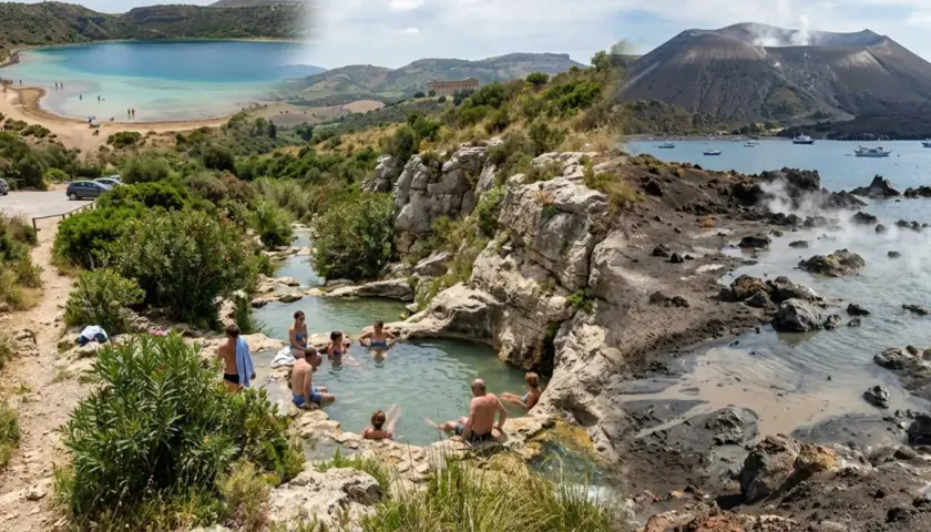Bagno termale naturale tra rocce e vegetazione rigogliosa, con vista su un lago turchese e un vulcano fumante. Un angolo di paradiso nei giardini Sicilia.