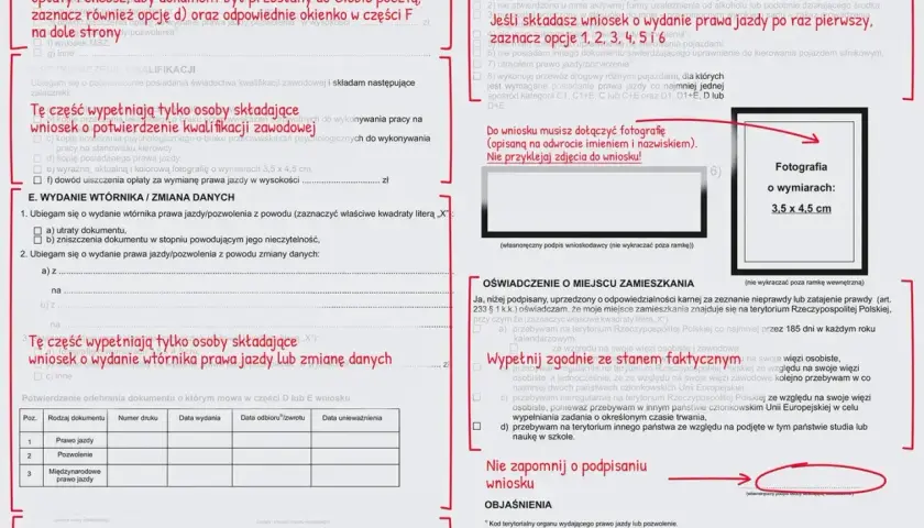 Zdjęcie przedstawia formularz wniosku o wydanie prawa jazdy, gdzie zaznaczono opcje dotyczące składania wniosku po raz pierwszy. Widać pole na fotografię o wymiarach 3,5 x 4,5 cm, która jest wymagana do wniosku.