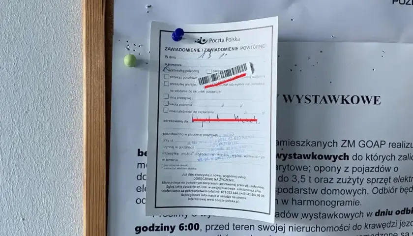 Zawiadomienie Poczty Polskiej o próbie doręczenia przesyłki poleconej. Nieodebrany list polecony wraca do nadawcy.
