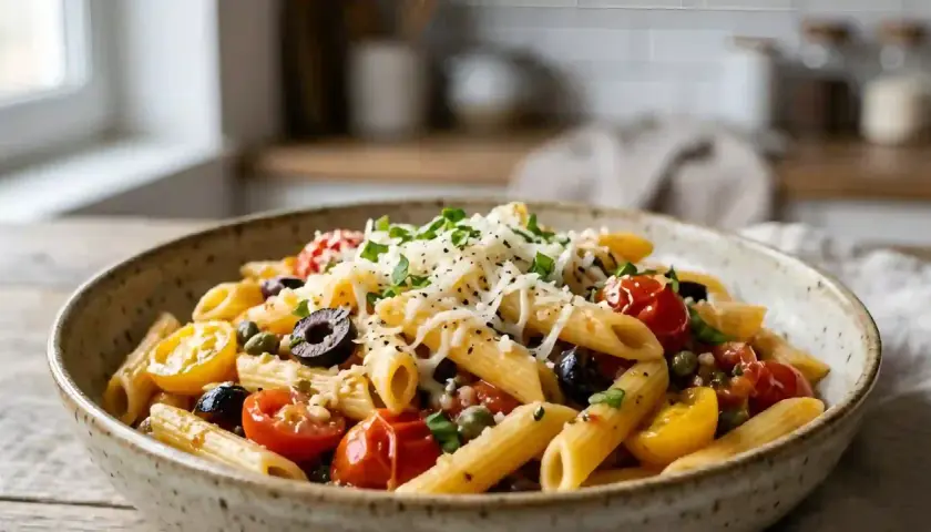 Un plat de pâtes à la sicilienne, garni de tomates cerises, d'olives noires, de câpres et de fromage râpé, prêt à être dégusté.