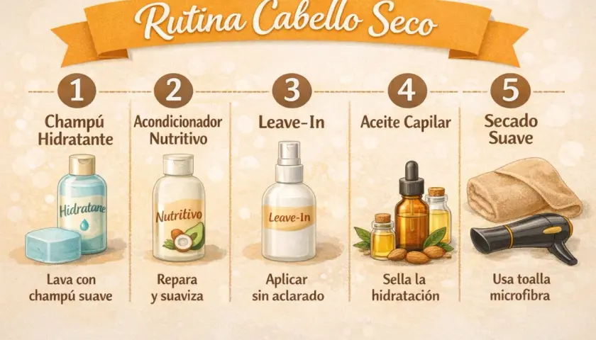 Rutina para cabello seco: champú hidratante, acondicionador nutritivo, leave-in, aceite capilar y secado suave. Un cuidado completo para tu melena.