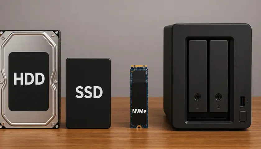 Vergleich verschiedener Speicher: HDD, SSD, NVMe und ein NAS-Gehäuse. Welche festplatte ist die richtige Wahl?