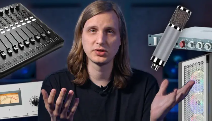 Mann erklärt Audio-Equipment: Mischpult, Mikrofon, Kompressor, PC. Mono vs Stereo im Fokus.