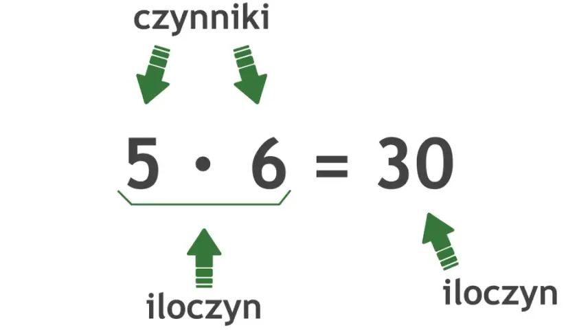 Ilustracja matematyczna: 5 razy 6 równa się 30, z podpisami "czynniki" i "iloczyn".