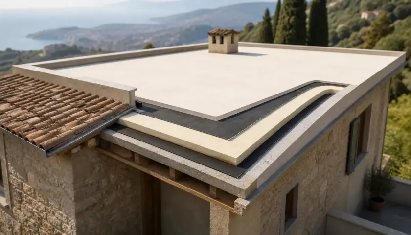 Sezione di un tetto che mostra strati per un miglior isolamento termico. Vista panoramica di una casa con vista mare.