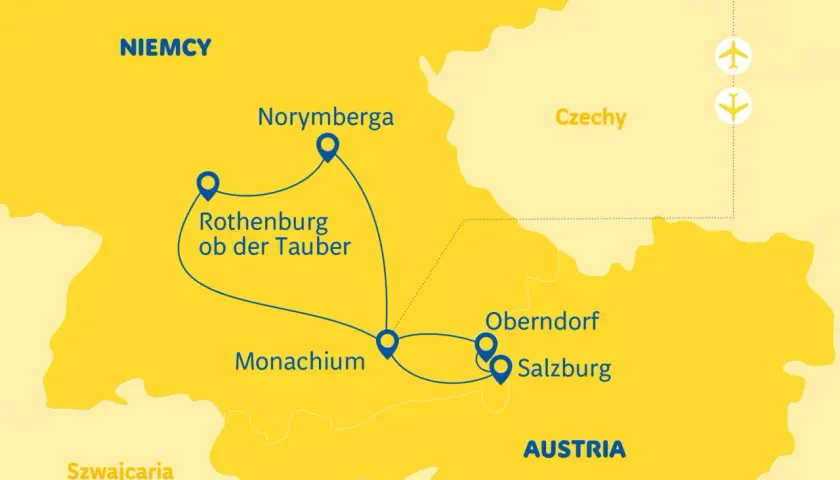 Mapa pokazuje trasę podróży przez Niemcy i Austrię, z zaznaczonymi miastami: Norymberga, Rothenburg ob der Tauber, Monachium, Oberndorf i Salzburg.
