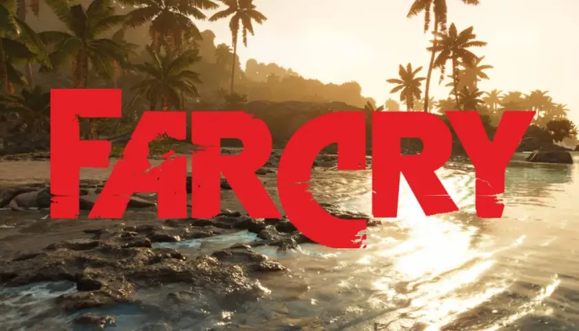Tropikalna plaża z palmami i wodą, na pierwszym planie czerwony napis "FAR CRY". Czekamy na Far Cry 7!