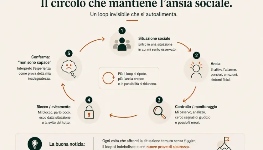 Il diagramma illustra il circolo vizioso dell'ansia sociale, dove la paura di stare in mezzo alla gente porta a evitamento e conferma di inadeguatezza.