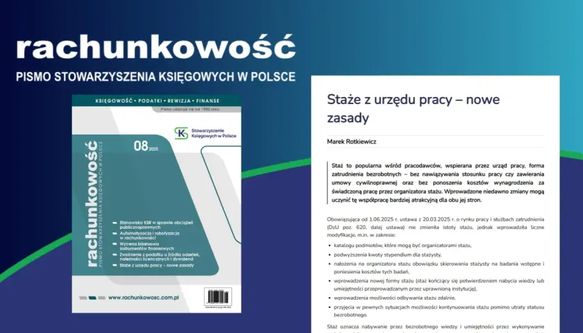 Okładka pisma "Rachunkowość" z numerem 08/2025 i artykułem o stażach z urzędu pracy.