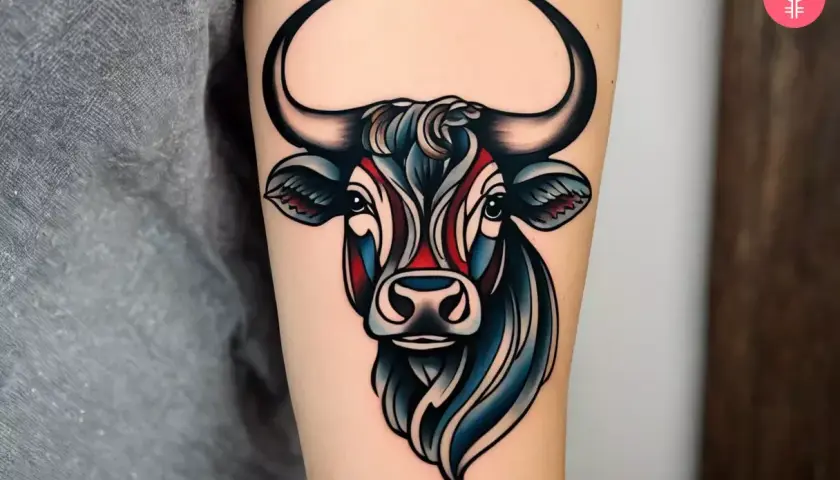 Kolorowy byk tattoo na ramieniu, z czarnymi rogami i niebiesko-czerwonymi akcentami na pysku.