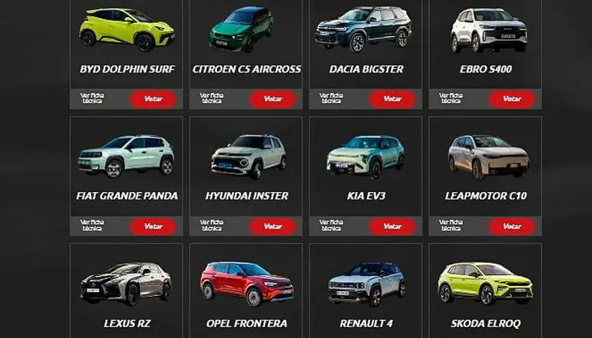 Galería de candidatos a coche del año, incluyendo modelos eléctricos y de combustible de motor.