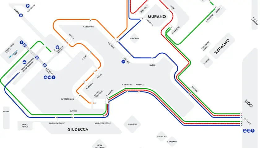 Carte des lignes de vaporetto Alilaguna à Venise. La linea blu Alilaguna dessert l'aéroport Marco Polo et Murano.