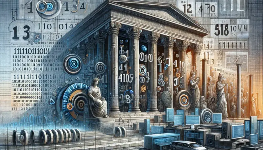 Starożytna architektura z cyframi i kodem binarnym. Obraz pokazuje, co to jest system binarny i dlaczego jest tak ważny dla technologii.