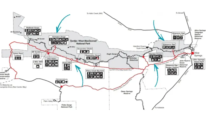 Mapa Tjoritja/West MacDonnell National Park, ukazująca szlaki i atrakcje, w tym święte miejsce aborygenów.