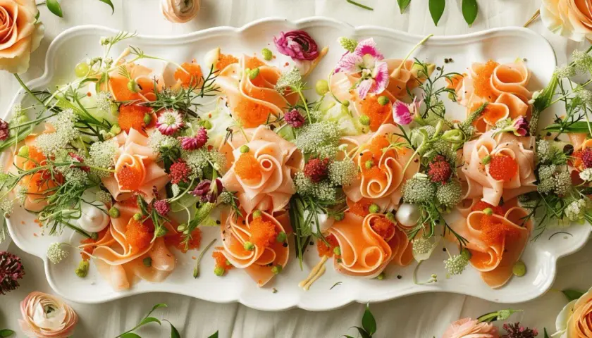 Plateau d'entrées élégantes pour une recette entrée mariage : fines tranches de poisson roulées, perles d'orange, fleurs et herbes fraîches.