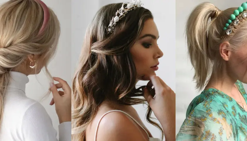 Tres estilos de peinados con diadema: trenza lateral, ondas sueltas con tiara y coleta alta con accesorio.