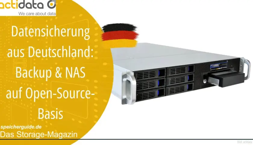 Rack-NAS-System mit vielen Einschüben, das auf einer Open-Source-Basis für Datensicherung aus Deutschland steht.