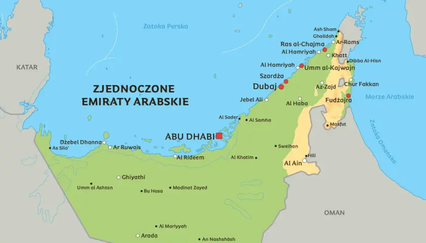 Mapa Zjednoczonych Emiratów Arabskich. Widać tu m.in. Abu Zabi, Dubaj, Szardżę, Ras al-Chajmę, Fudżajrę, a także sąsiednie kraje jak Katar, Iran, Arabię Saudyjską i Oman.