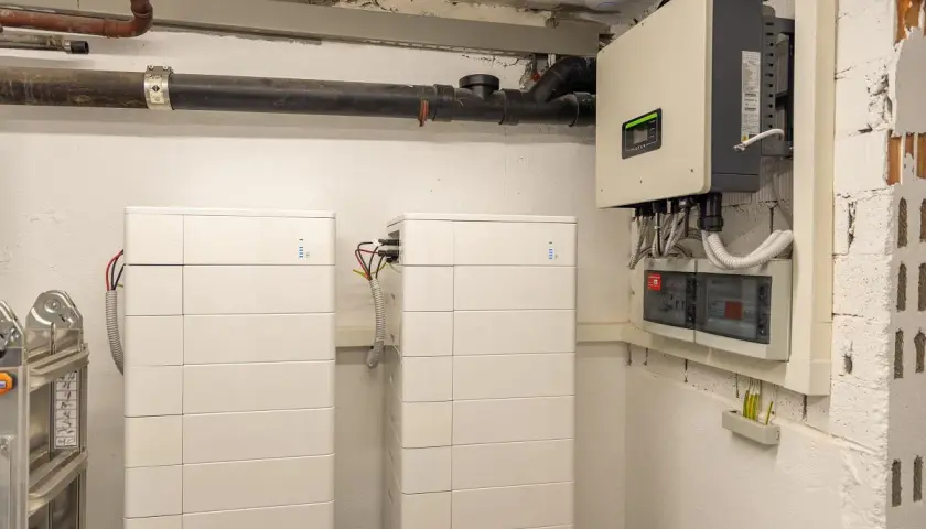 Dwa białe, modułowe systemy **bess** obok siebie, podłączone do falownika i rozdzielnicy elektrycznej.