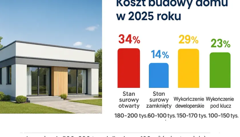 Koszt budowy domu w 2025 roku: stan surowy otwarty (34%), zamknięty (14%), deweloperskie (29%), pod klucz (23%).