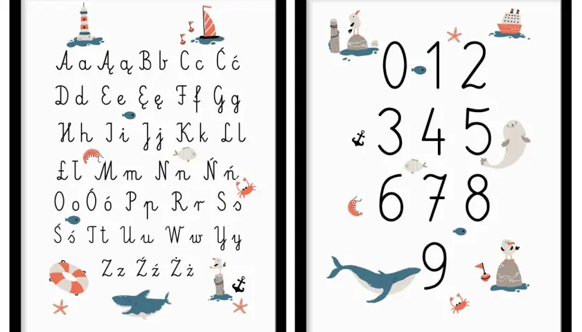 Plakat alfabet morski z literami i cyframi. Urocze ilustracje: latarnia, statek, wieloryb, foka, mewa, krab, rybki, rozgwiazda, koło ratunkowe, rekin.