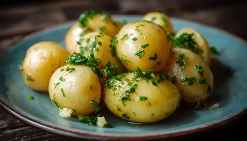 Små, kokta potatisar med färsk persilja och vitlök, perfekta som potatis till grillat.